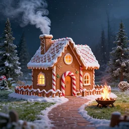 a foot path leads to a live - action gingerbread house where delicious smelling smoke curls out of a chimney. in front of the house is a sculpture made from a candy cane. snow flurries in the air, it's magic. a small fire pit is on the front lawn of the house. digital art, epic fantasy, awe inspiring, dramatic lighting, cinematic, extremely high detail, photorealistic, cinematic lighting, trending on artstation, artstation, cgsociety, 3 d octane unreal engine, 4 k, hq,