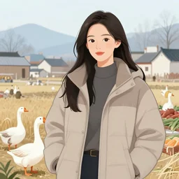 the portrait a beautiful grocery young asia woman in down jacket, with a goose ， the background is a chinese village, winter, illustration by kim jung gi, irakli nadar, intricate linework, bright colors, octopath traveler, wenjun lin, unreal engine 5 highly rendered, global illumination, radiant light, detailed and intricate environment