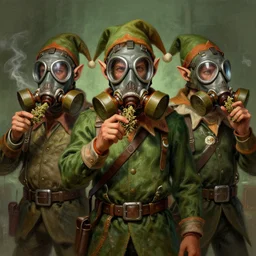 elfs with gas masks, weed smokers, highly detailed, digital painting, artstation, stoner album art by arik roper