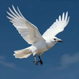 majestic illustration of soaring white albino raven against dark blue cloudless sky, middle shot, whimsical, trending on artstation, digital art ( by jesper ejsing ) ( by clint cearley ) ( by raluca marinescu )