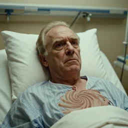 7 0 s movie still of a old man with a spiral in the chest in the hospital, cinestill 8 0 0 t 3 5 mm eastmancolor, heavy grain, high quality, high detail