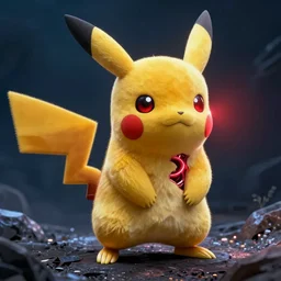 Terminator Pikachu scene where his endoskeleton gets exposed and his eye glows red, still from the film by H. R. Giger in color