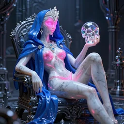 photo of fullbodied baroque and bladerunner delicate neon crystalline sculpture of seductive onyx albino marble prince zayn malik dotado pink iridescent humanoid deity wearing blue plastic hooded cloak holding an glass skull in a onyx alien dungeon, reclining, glowing magenta face, crown of white diamonds, cinematic lighting, photorealistic, octane render 8 k depth of field 3 d