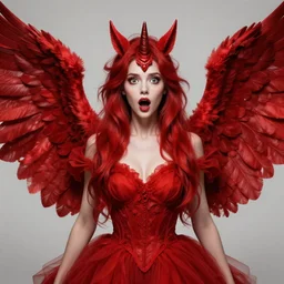woman - unicorn hybrid red angel - wings, stunning, wide dress, shocked very wide open eyes, realistic, symmetric portrait, face, intricate, very detailed, fantasy digital art, trending in artstation, marc simonetti
