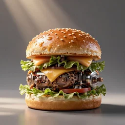 a burger made of machinery by Daniel Conway, god rays, fantasy art, 4k, HDR, photorealistic, 8k, trending on artstation