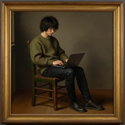 painting of a shaggy black haired teenager!!! with glasses sitting on a chair, clothed with an olive colored sweater and a black jean, with a laptop on his lap, full body, renaissance!!! painting!!!, ultra detailed, masterpiece, framed