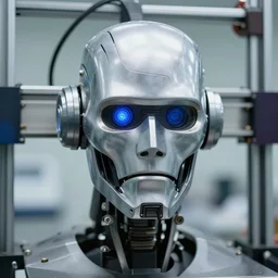 3 d printing robocop in a laboratory, detailed face