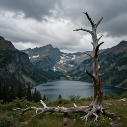 beautiful very old photo of a landscape of mountains with lake and a dead tree in the foreground by marc adamus, dramatic sky, cinematic lighting, matte painting, natural colors, flickr, canon 5 dsr
