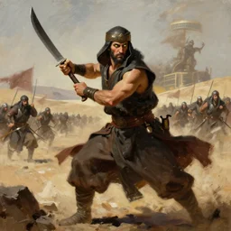 hellscape, machete weilding warrior, fighting for life, classicism artstyle, sharp brushstrokes, glowing eyes, islamic revolution, mongolian invasion of iraq, invading army background
