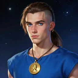 beautiful portrait of a incredibly handsome young male wearing a simple blue tunic, and a gold medallion!! around neck, art by wlop and artgerm, steampunk fiction, detailed deep blue eyes, elongated face, shaved!!, round nose, dark brown hair, in ponytail!!!, space background, trending on artstation, sharp focus, illustration, caustics, octane render, 4 k, radiant light