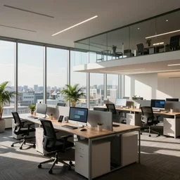 a photo of the office of a tech company, open office, work stations, glass wall, large windows with view