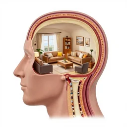 cross section of human head with miniature living room inside