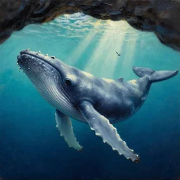 very textured close up of humpback whale  with backlight , sun rays , big shadows, small bird sihouettes  in cyan background , very textured detailed  panoramic oil painting by rembrandt , hard backlight , in dark cave