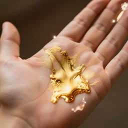 close up shot on hand bleeding gold liquid, realistic 3 d render, gold tones, global illumination