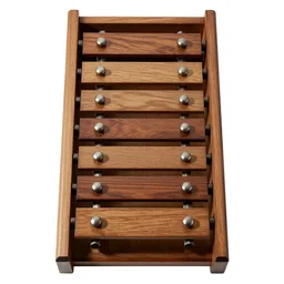 carved wooden glockenspiel, commercial catalog photo, isolated on a pure white background, centered, entire object in frame, sharp focus, soft studio lighting