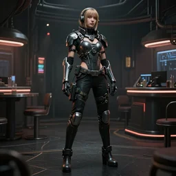 Dark cyberpunk underground club girl. Biopunk, body armor, high detail, photorealism, full length view, concept art, Dan Mumford, Greg Rutkowski, Quixel Megascans, octane render, 16k, 8k, photoillustration