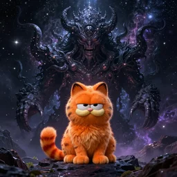 garfield the orangecat as a large eldritch horror consuming the world, starry, eldritch, cosmic, lovecraft