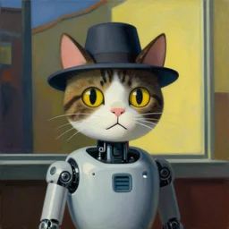 a half robot cat wearing a hat, a highly detailed edward hopper painting, by adrian ghenie and gerhard richter. art by james gurney. masterpiece, flat surreal design with deep colours. 8 k. artstation