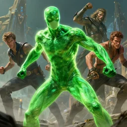 translucent realistic slim muscular green armored suit superhero in battle, fantasy digital art, vivid color style artstation, style greg rutkowski and frank frazetta and mucha and richard corben, octane render, unreal engine 6, epic game graphics, fantasy, conceptual art, ray tracing