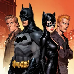 portrait illustration of batman and catwoman standing back to back by mike mignola, bill sienkiewicz and steve oliff