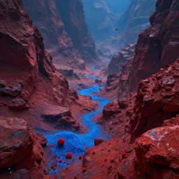 a strange alien landscape, realistic, rocky, red and blue, blue particles, strange red particles, strange, alien - style, realistic, landscape, depth, movie lightning, realistic epic shaders, landscape.