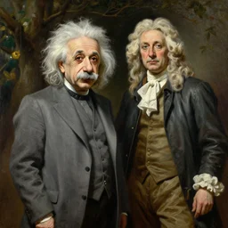 albert einstein standing next to isaac newton, oil painting, tree in the background