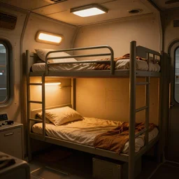 Room of a spacecraft, with a bunk bed, warm tones, lights, gloom and lights, warm tones, warm colors, photo realistic, playing, CGI, Unreal Engine, Hdri