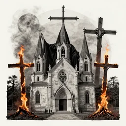 satanic ritual, burning churches and crosses, surrealistic collage art