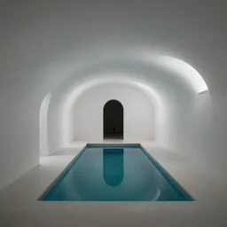an underground pool in an all white room with smooth arched ceilings and doorways, liminal space, dark lighting,