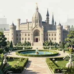 huge academic castle city behind a garden, concept art, digital painting, style of jordan grimmer, warm lighting, futuristic, volumetric lighting, view from below, vivid colours, bright, daytime, godrays , high detail, not a lot of grass, XF IQ4, f/1.4, ISO 200, 1/160s, 8K, RAW, unedited, symmetrical balance, in-frame