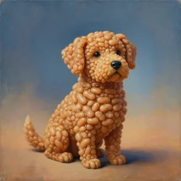 painting of a very cute dog consisting entirely of british baked beans, body entirely made of british baked beans, baked bean skin texture, by zdzislaw beksinski, by dariusz zawadzki, by wayne barlowe, gothic, surrealism, cosmic horror, lovecraftian, cold hue's, warm tone gradient background, concept art, beautiful composition