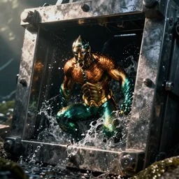 Aquaman getting crushed in a trash compactor, movie, photograph