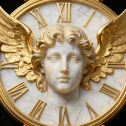 marble and gold angelic clock face with a marble human face in the center and rigid gold wings on its sides, digital art