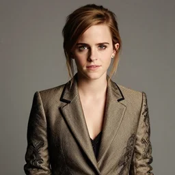 Photo of Emma Watson wearing a baroque blazer, soft studio lighting, photo taken by Martin Schoeller for Abercrombie and Fitch, award-winning photograph, 24mm f/1.4