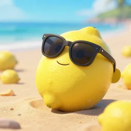 a lemon relaxing on the beach wearing sunglasses, pixar render, amazing details, cinematic composition, cinematic, 100mm