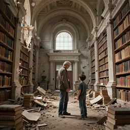 interior of the destroyed library of congress, books, father and son, hyperdetailed, artstation, cgsociety, 8 k
