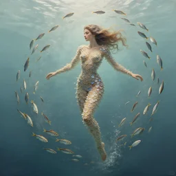 swimming little fishes forming the shape of a woman, diffuse lighting, fantasy, intricate, elegant, highly detailed, lifelike, digital painting, cinestill 8 0 0 t 2 0 0 mm, concept art, frank frazetta, marco bucci, loish, rossdraws, artgerm