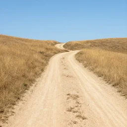 a dirt road through a gentle hill landscape, horizontal close shot camera angle, dry grass