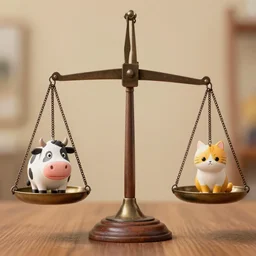 set of balance scales with weights, libra, weighing pixar cow figurine and pixar cat figurine