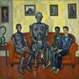 a painting of a robot family in a living room by graham sutherland, egon schiele, basquiat, neo - expressionism
