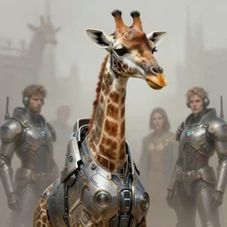 a anthropomorphic cyber giraffe wearing scifi armor, diffuse lighting, fantasy, intricate, elegant, highly detailed, lifelike, photorealistic, digital painting, artstation, illustration, concept art, smooth, sharp focus, art by john collier and albert aublet and krenz cushart and artem demura