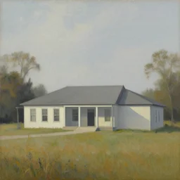 a beautiful painting of a building in a serene landscape by Ansel Adams