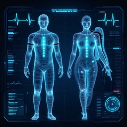 sensors, dashboard, heart beat, high detail, precise lines, angular, vector, biometric sensors, technical diagram, human wireframe, male and female, wearables, glowing, future