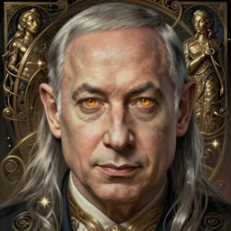 Benjamin Netanyahu as a fantasy magic man portrait, sci-fi, amber eyes, face, long hair, fantasy, intricate, elegant, highly detailed, digital painting, artstation, concept art, smooth, sharp focus, illustration, art by artgerm and greg rutkowski and alphonse mucha