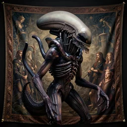 xenomorph alien medieval tapestry, detailed octane render trending on artstation artgerm, 8 k artistic photography, volumetric cinematic perfect light, chiaroscuro, masterpiece, raphael, caravaggio, beksinski, rutkowski, giger