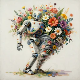 Louis Icart, an old elaborate painting of an abstract robot tornado made entirely out of flowers, highly detailed, swirling, flowing, dancing, dreaming, bursting with positive energy, happy, creative, masterpiece - H 1024