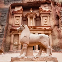 ancient temples in petra with assyrian lamassu caryatid cracked