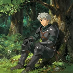 elven ranger sitting in the shade of a tree in a lush forest, fantasy, silver hair, leather armor, film still, finely detailed features, digital painting, trending on pixiv fanbox, studio ghibli, tankobon, style of ilya kuvshinov and krenz cushart
