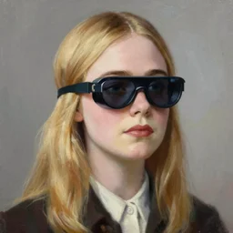Elle Fanning wearing night vision goggles detailed painting by rene magritte