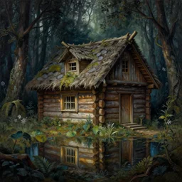 a beautiful intricate painting of a log cabin in a dark evil fantasy forest, reflections, very high details by william turner art, greg rutkowski and alphonse mucha, trending on artstation, very very detailed, masterpiece,